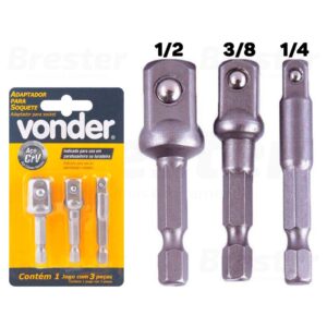 Kit 3 Adaptador Soquete Parafusadeira Furadeira 1 4 3 8 1 2 Vonder