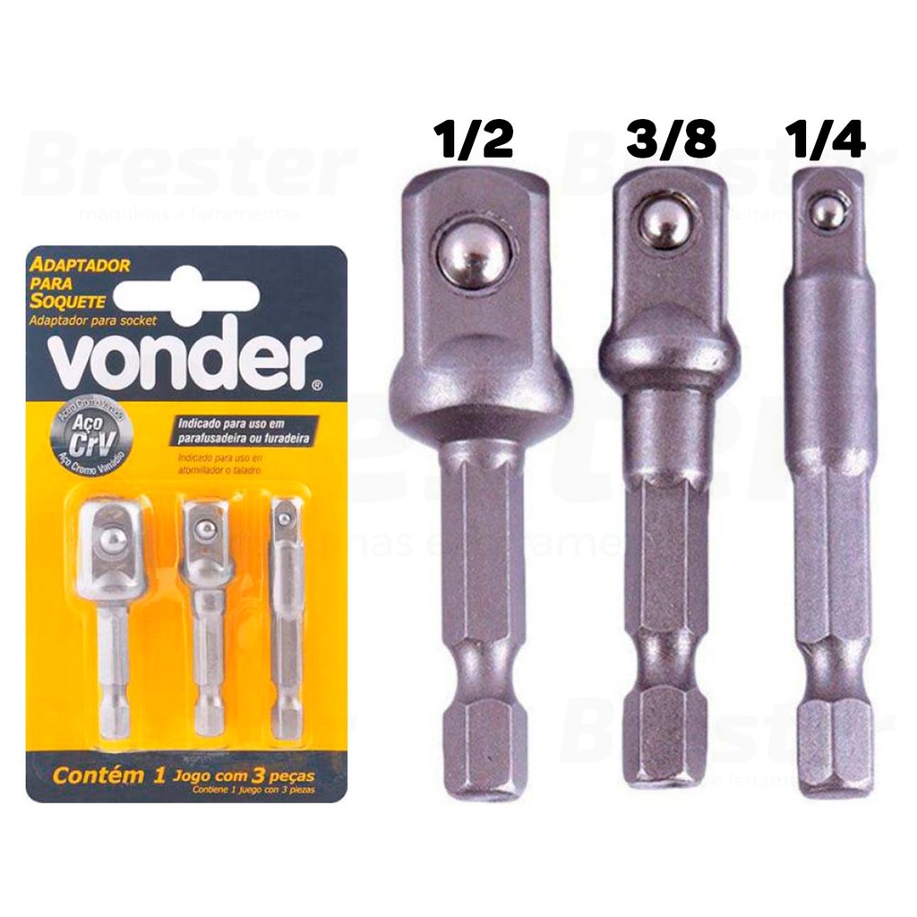 Kit 3 Adaptador Soquete Parafusadeira Furadeira 1 4 3 8 1 2 Vonder