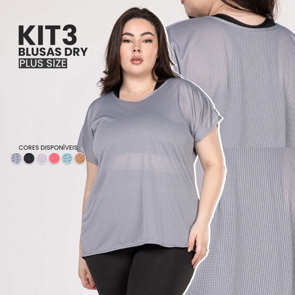 Kit 3 Blusas Plus Size Fitness Dry Camisetas Academia, Musculação e