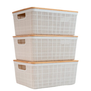 Kit 3 Caixas Organizadoras 4 Litros Brancas C Tampa Bambu Oikos