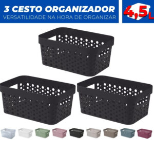 Kit 3 Cesto Organizador Trama Rattan s Tampa 4,5L Multiuso de Plástico