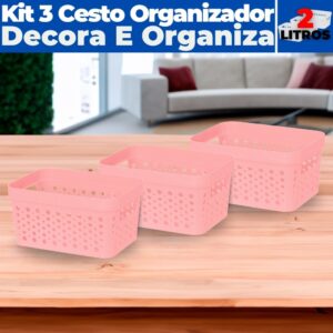 Kit 3 Cestos Organizador Trama Rattan s Tampa 2L Multiuso de Plástico
