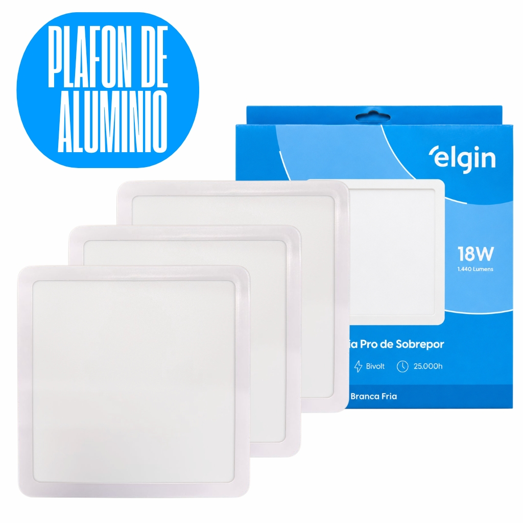 Kit 3 Luminária Painel Plafon Pro Aluminio Sobrepor Quadrado Led 18w
