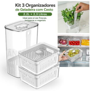 Kit 3 Organizadores de Geladeira com Cesto 2,2L 2,3 Litros