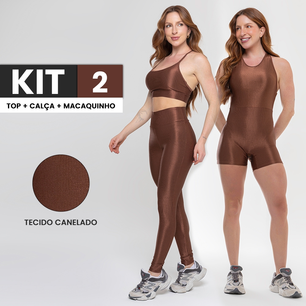 Kit 3 peças Conjunto Canelado Brilhoso Calça Legging Academia e Top