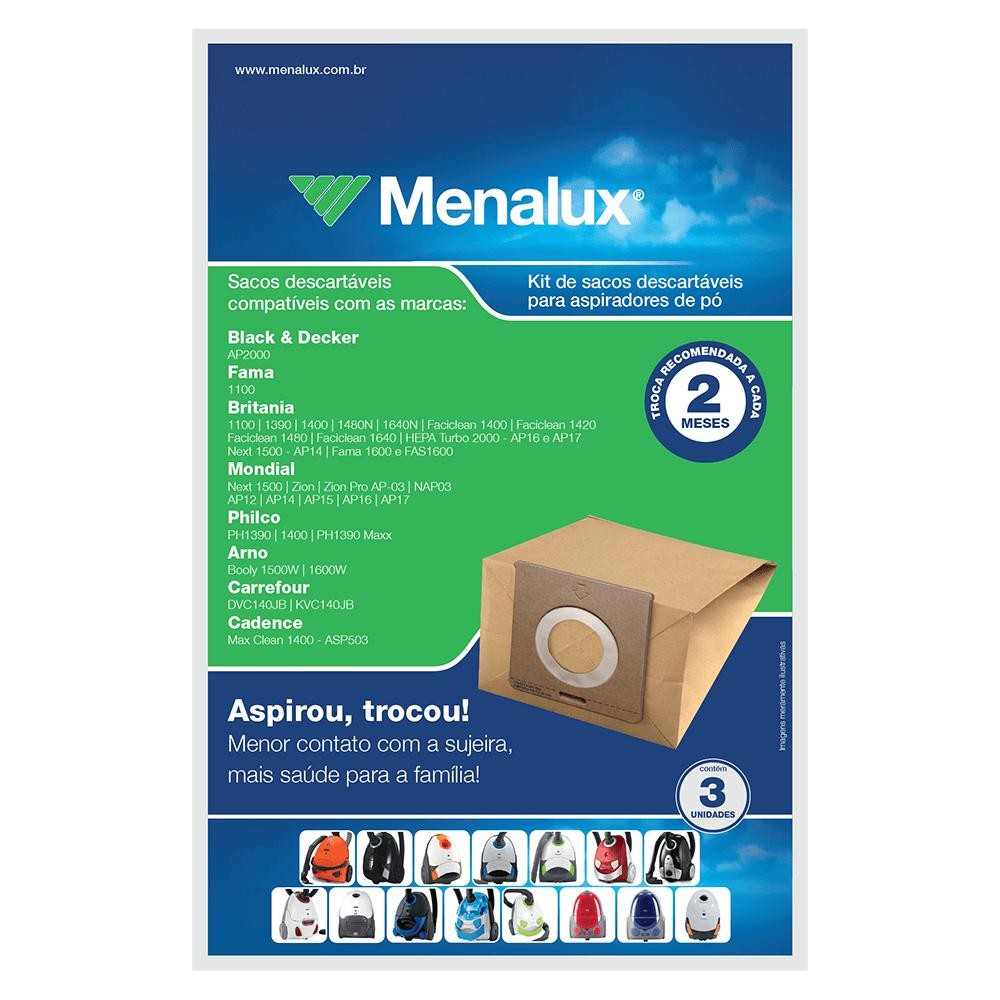 Kit 3 Sacos Descartáveis Menalux para Aspirador de Pó