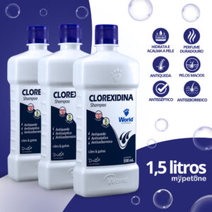 Kit 3 Shampoo World Veterinária Dug’s Clorexidina Cães Gatos 500 mL