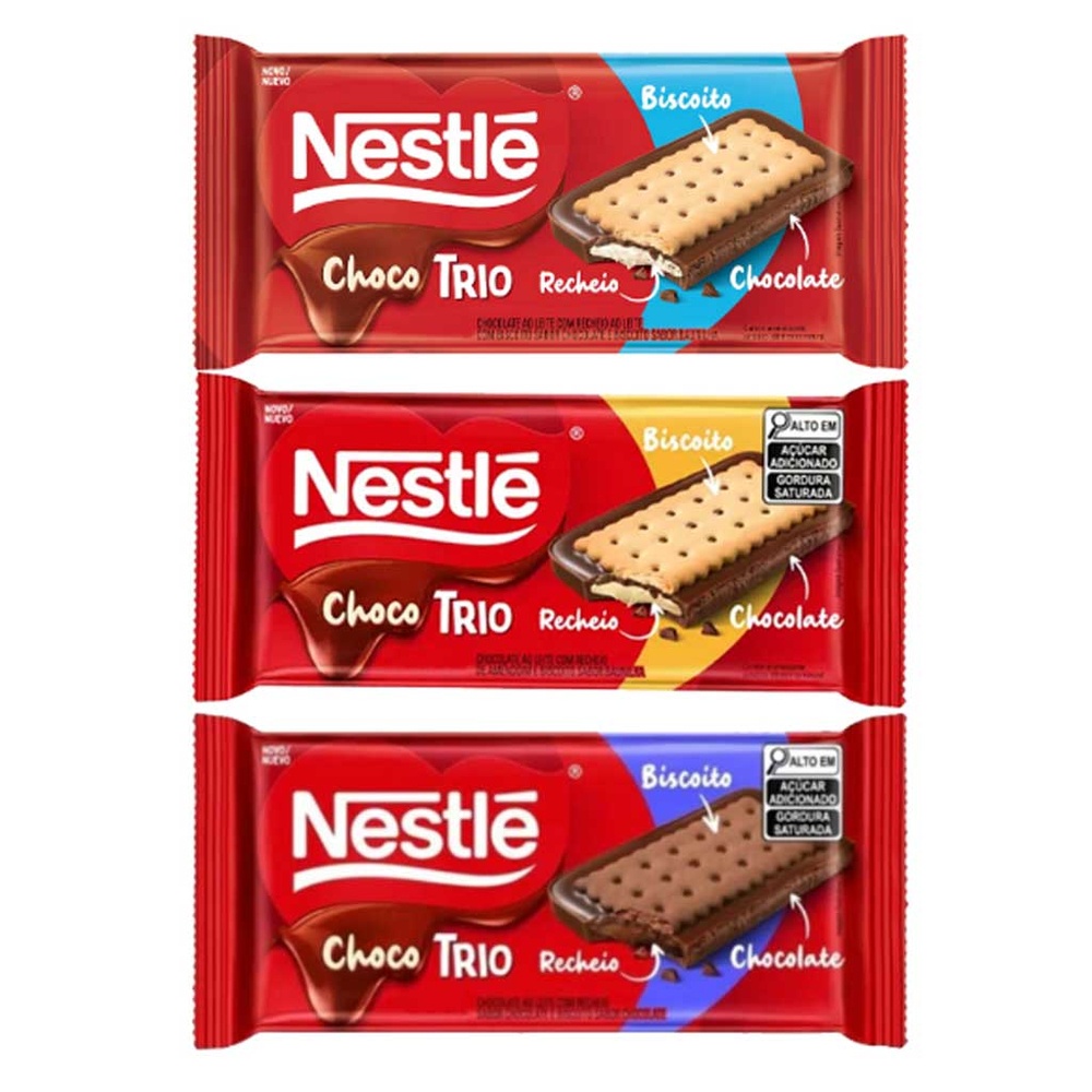 Kit 3 Tabletes De Chocolate ChocoTrio Biscoito Recheio 90g Escolha a