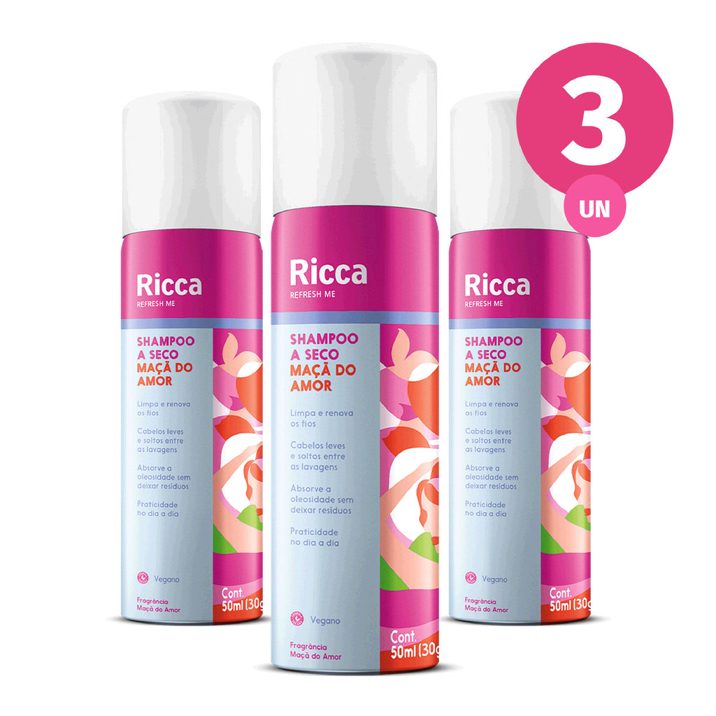 Kit 3x Shampoo a Seco para Cabelos Ricca Maçã do Amor 50ml