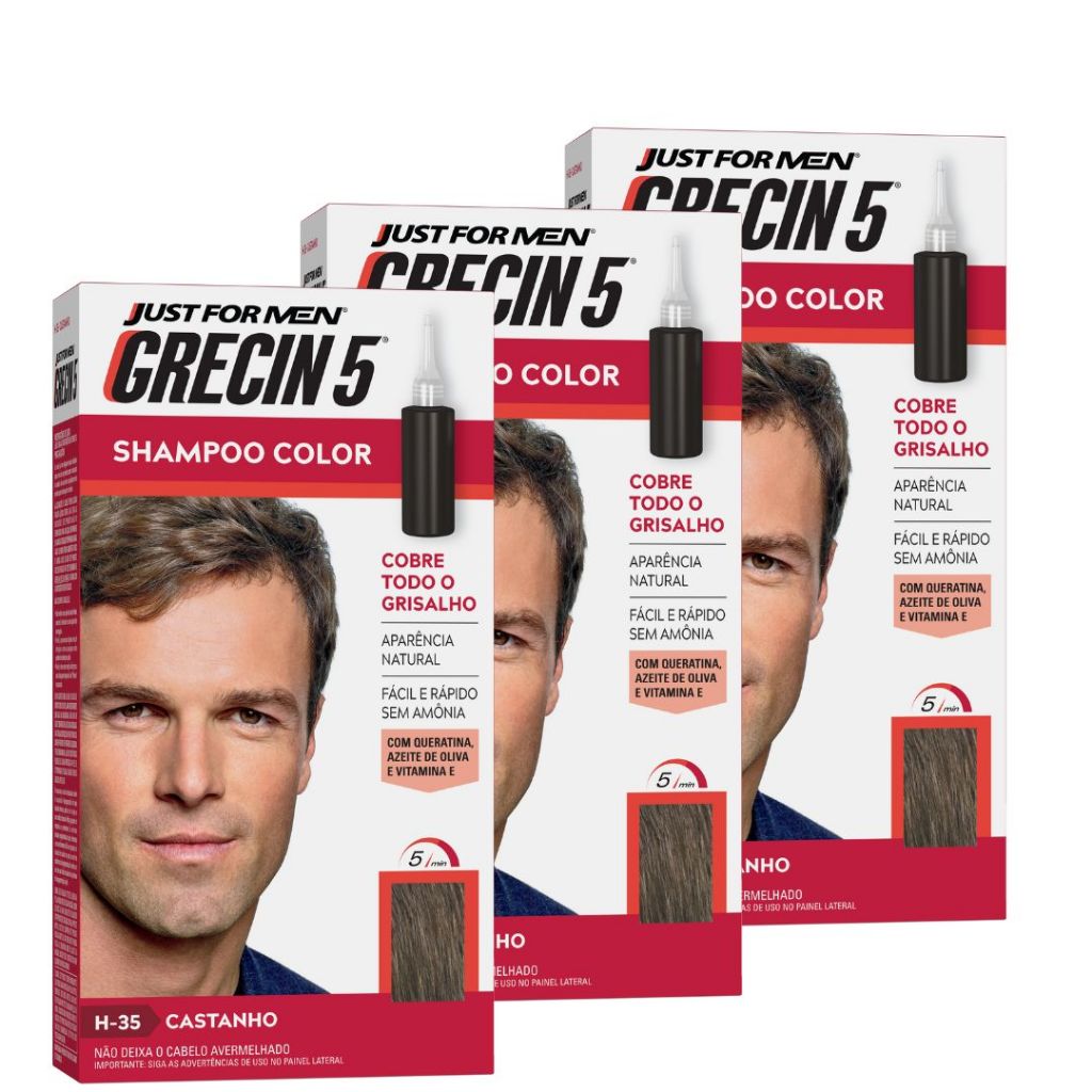 Kit 3x unidades Grecin 5 Shampoo Tintura Tonalizante Castanho 60ml