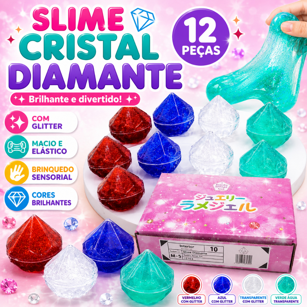 Kit 4 8 12 16 Unid Slime Cristal Diamante com Glitter Cores Sortidas