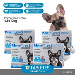 Kit 4 Antipulgas e Carrapatos NexGard 28,3 mg para Cães de 4,1 a 10