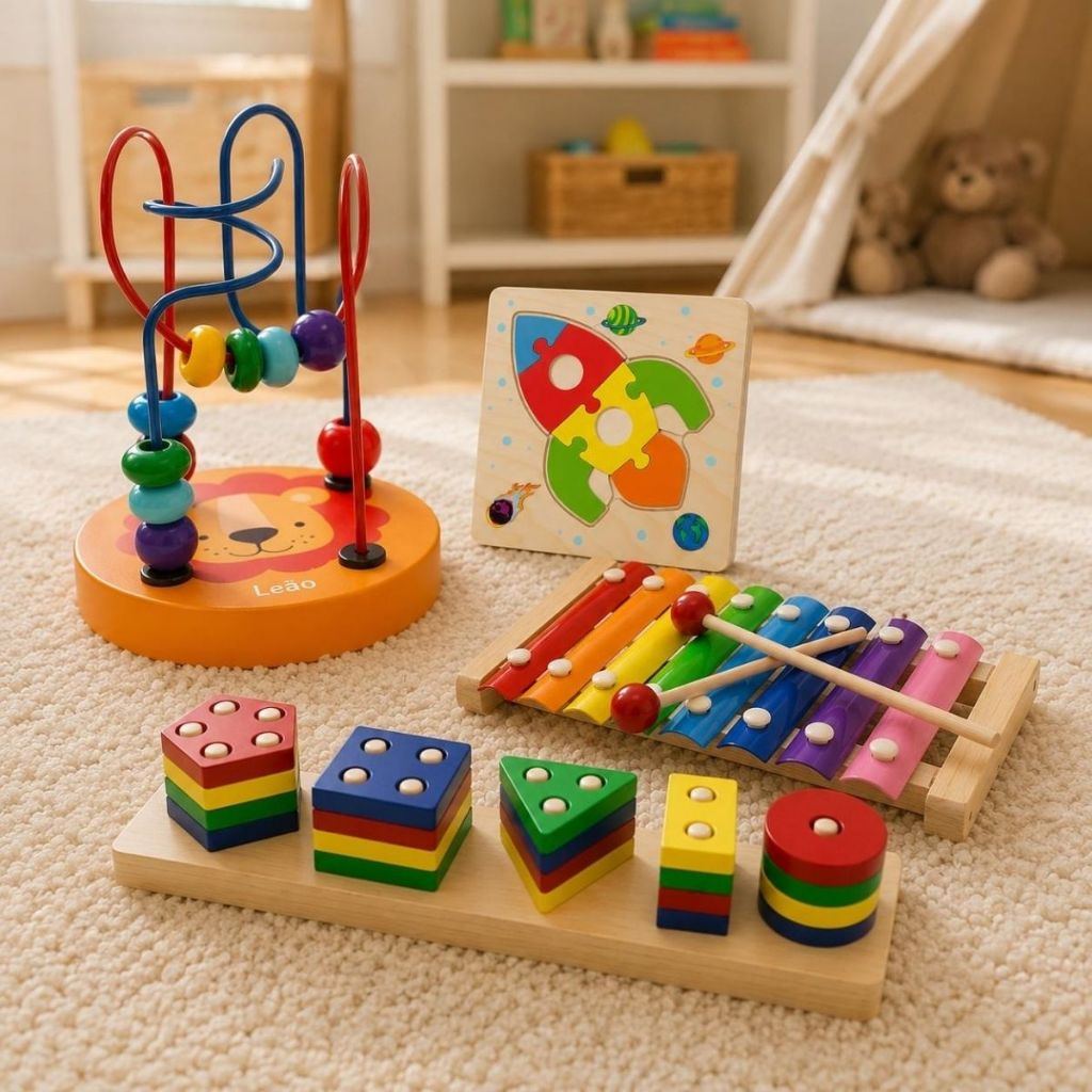 Kit 4 Brinquedos Educativo Encaixe Madeira Formas Geométricas