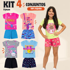 Kit 4 Conjuntos Roupa Infantil e Juvenil Menina Verão 4 Blusas 4