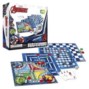 Kit 4 Jogos clássicos de tabuleiro Marvel Avengers Dama, Ludo, Trilha
