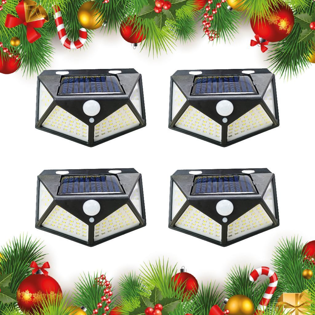 Kit 4 Luminária Solar Parede 100 Leds Sensor Presença Com 3 Funções