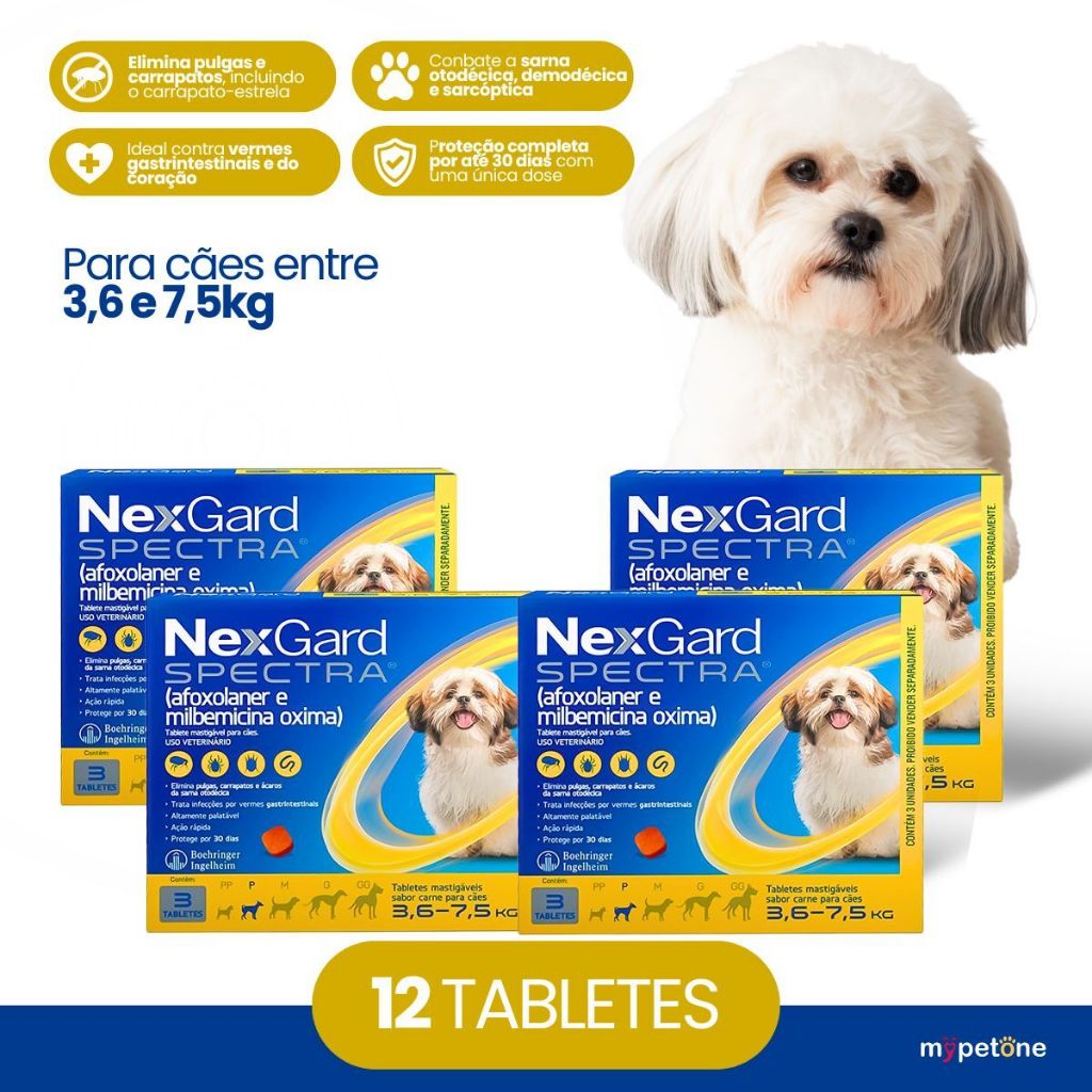 Kit 4 NexGard Spectra para Cães 3,6 a 7,5kg 3 Tabletes
