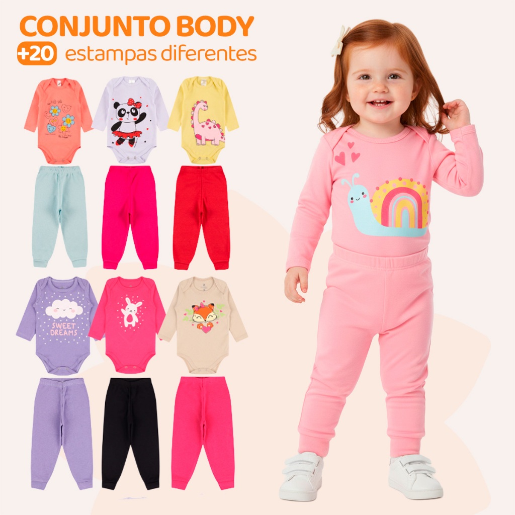 Kit 4 ou 8 Peças de Roupas para Bebê Menina Conjunto Body Calça Roupa