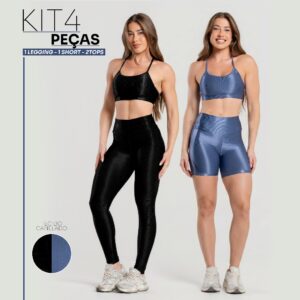 Kit 4 Peças Academia Feminino Conjunto Canelado Brilhoso Completo