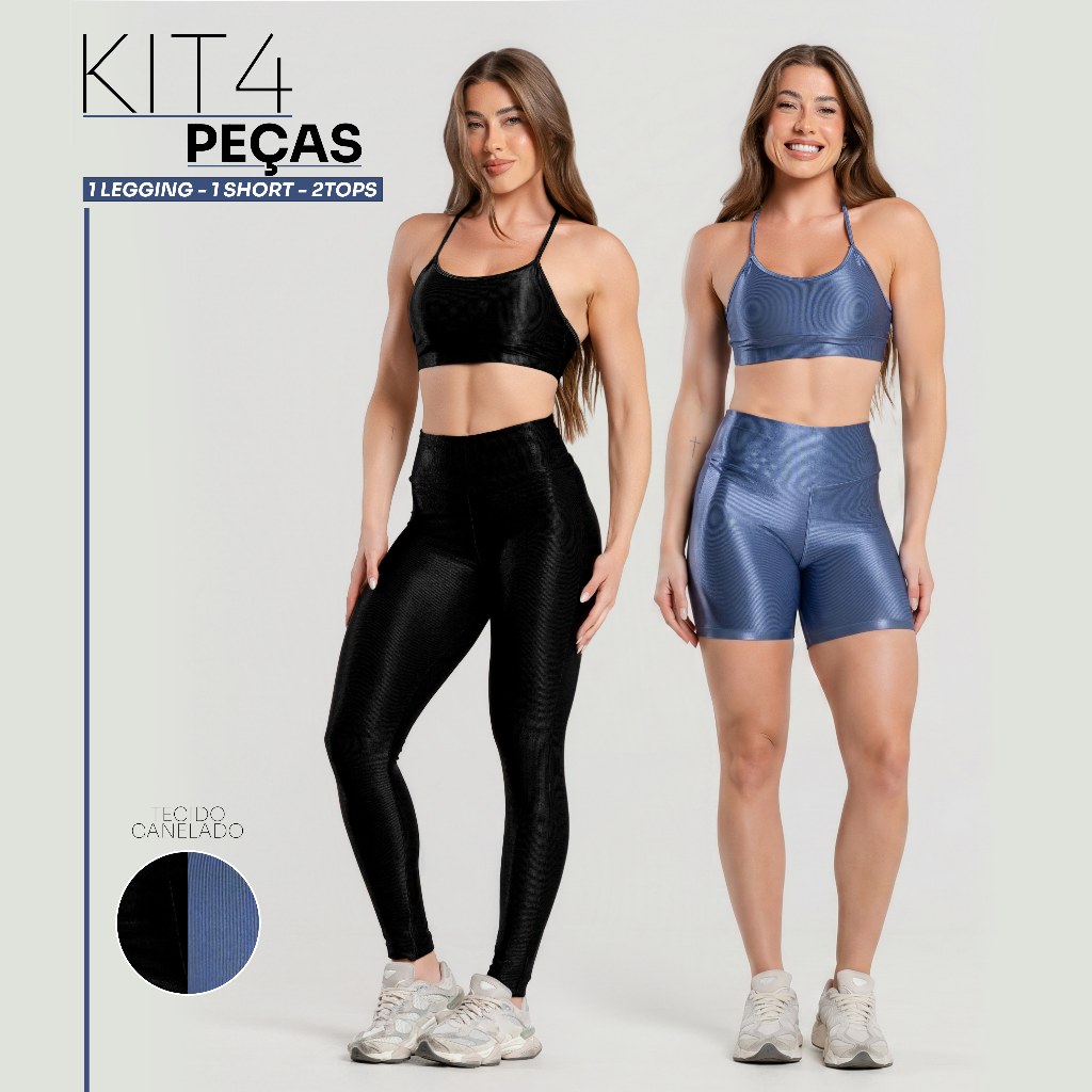 Kit 4 Peças Academia Feminino Conjunto Canelado Brilhoso Completo