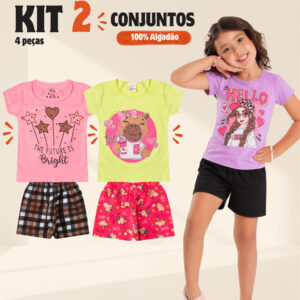 Kit 4 Peças Roupa Infantil e Juvenil Menina Verão 2 Blusas 2 Shorts