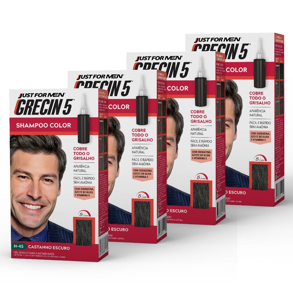 Kit 4x unidades Grecin 5 Shampoo Tintura Tonalizante Castanho Escuro