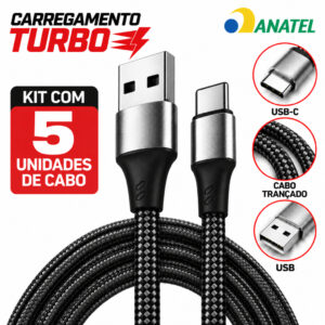 Kit 5 Cabos Carregador Tipo C 6A 120W Turbo 2 Metros Reforçado