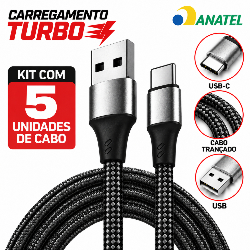 Kit 5 Cabos Carregador Tipo C 6A 120W Turbo 2 Metros Reforçado