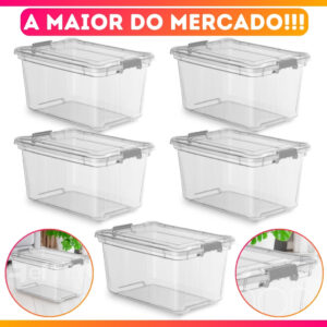 Kit 5 Caixa Organizadora Transparente Multiuso C Trava 50 Litros