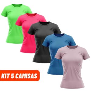 Kit 5 Camisas Camiseta Feminina Proteção Solar UV Blusa Manga Curta