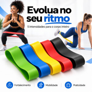 Kit 5 Faixas Elástica de Resistência Mini Band para Treino Yoga