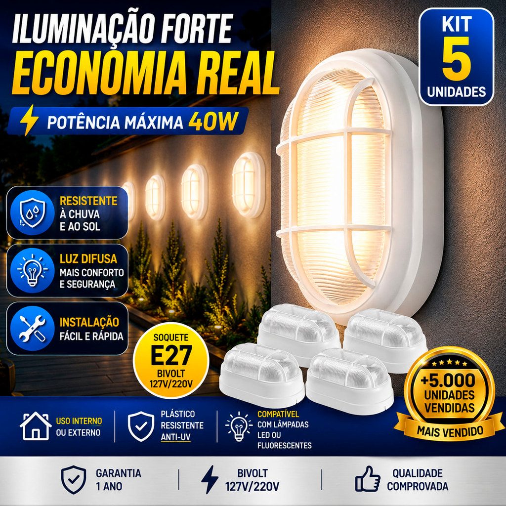 Kit 5 Luminária Arandela Tartaruga Externa Com Grade Branco Preto Opl