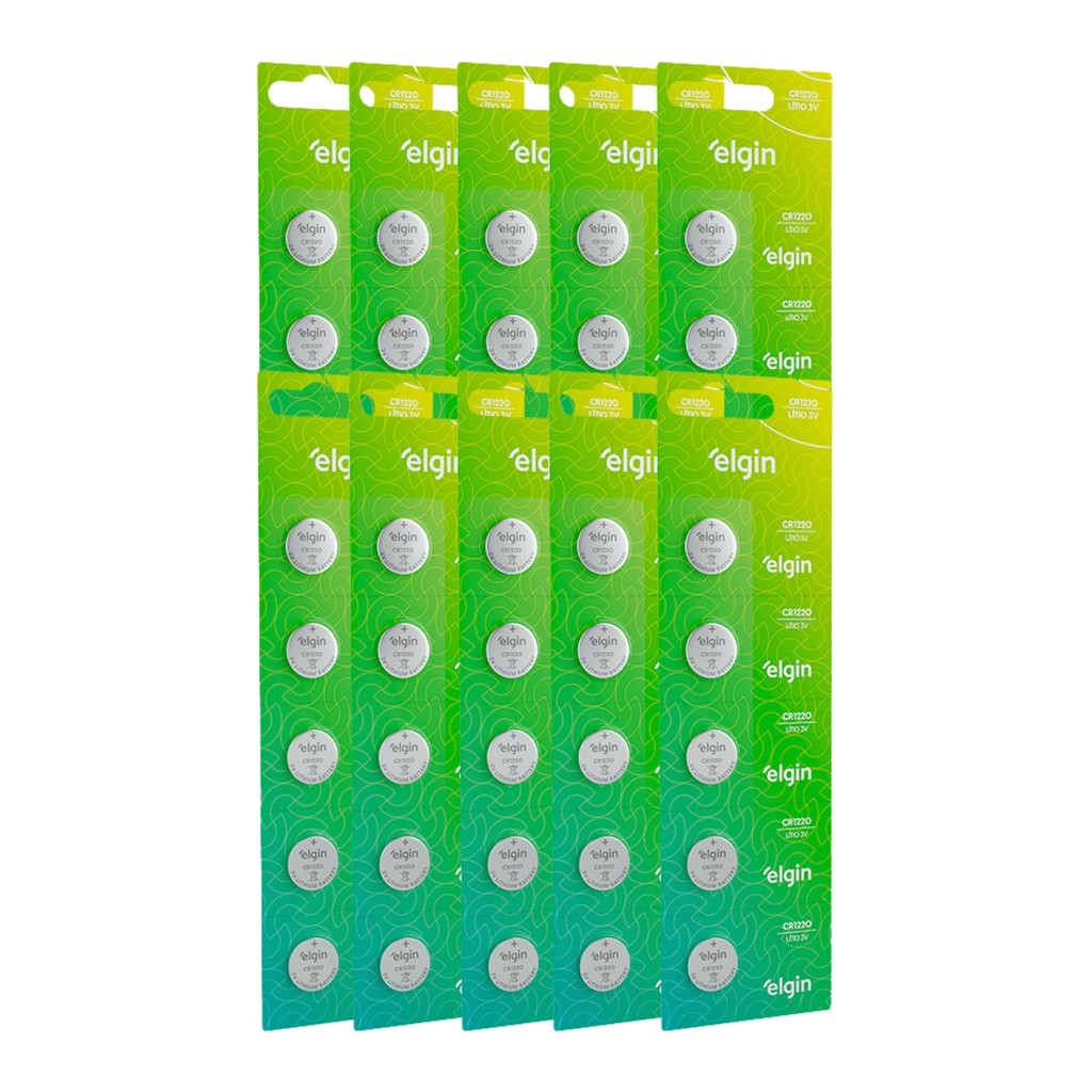 Kit 50 Bateria Pilha Moeda Cr1220 10 Cartela Relógio Elgin
