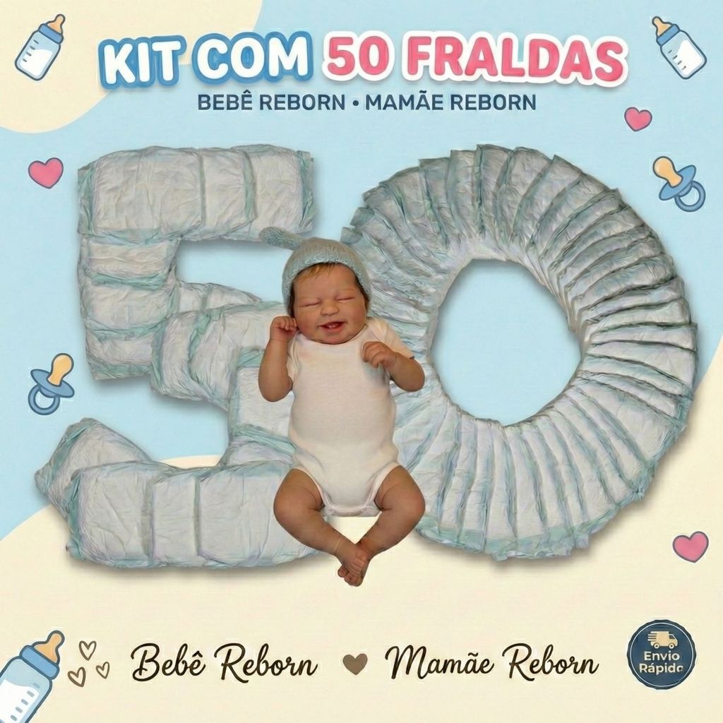 Kit 50 Fraldas Descartáveis Boneca Bebê Mamãe Reborn Veste de 45 a