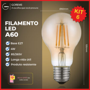 Kit 6 Lâmpada Filamento de LED Bulbo 4W Âmbar Bivolt Luminária