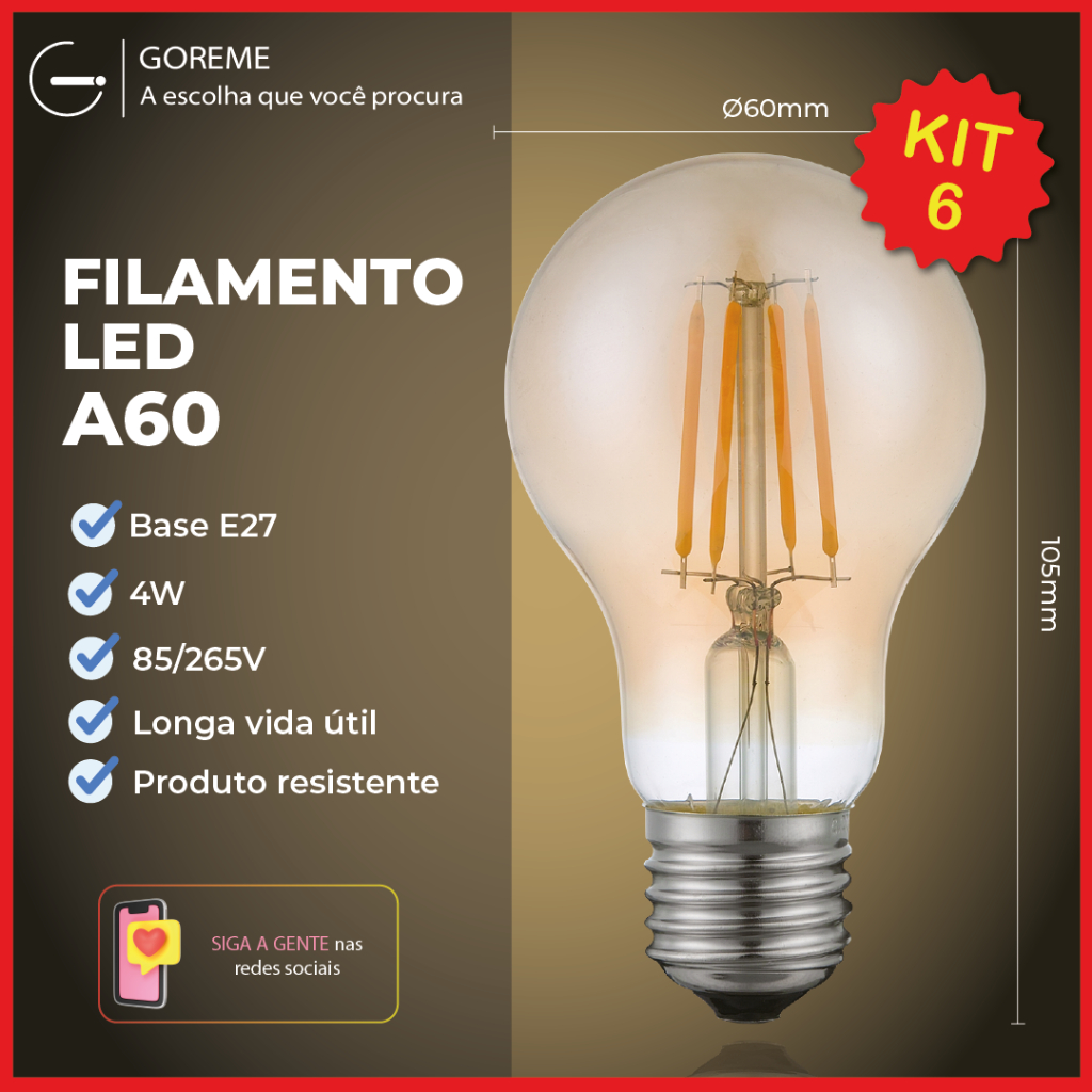 Kit 6 Lâmpada Filamento de LED Bulbo 4W Âmbar Bivolt Luminária — Decoração