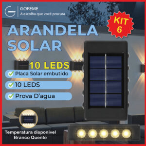 Kit 6 Luminária Arandela Solar 10 LED Luz Branco Quente para Parede a