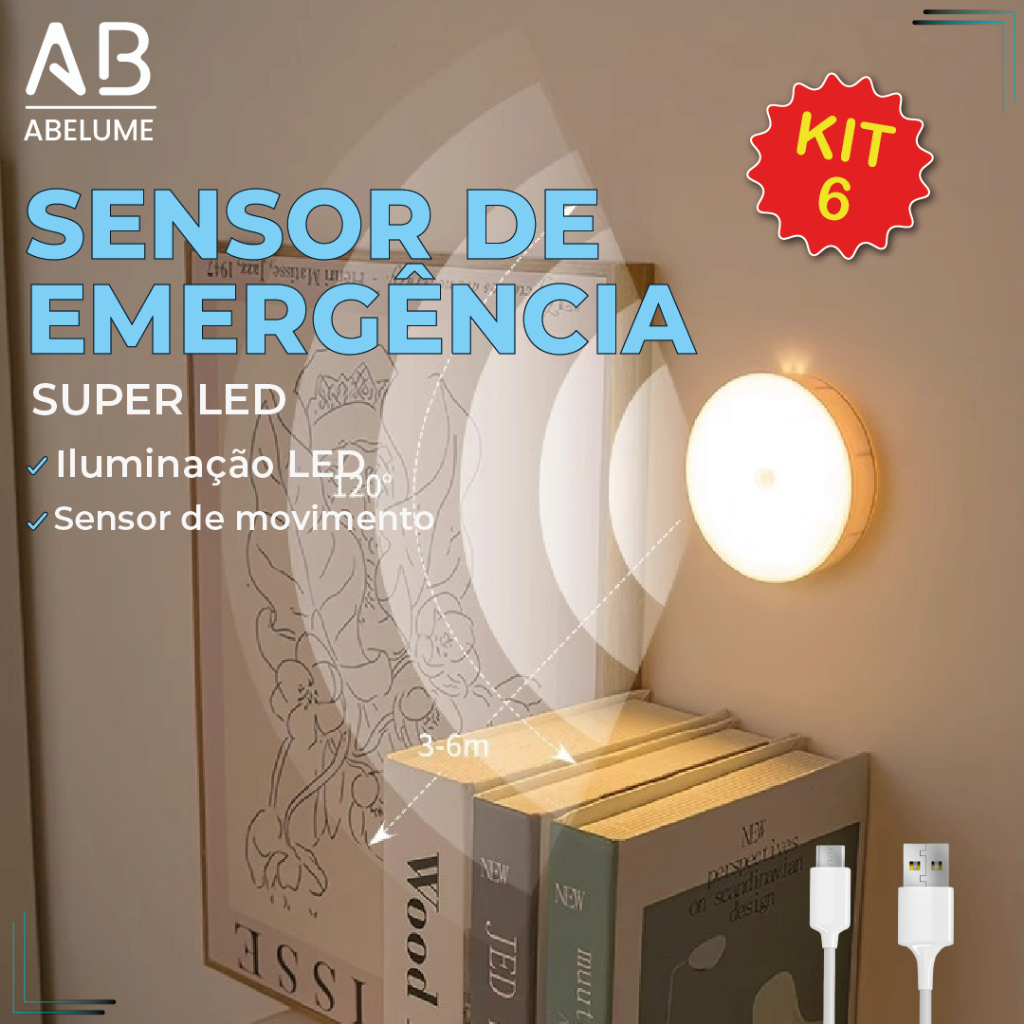 Kit 6 Luminária Led Sensor De Presença Automático 3 Tons de Luz