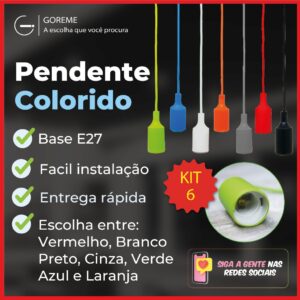 Kit 6 Luminária Pendente Luz LED D1 Colorido Vermelho Branco Preto