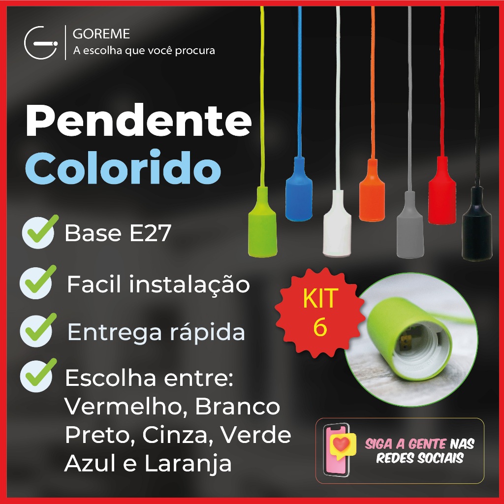 Kit 6 Luminária Pendente Luz LED D1 Colorido Vermelho Branco Preto — Decoração