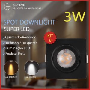 Kit 6 Luminária Spot Led Quadrado Direcionável 3W Embutir Gesso Teto