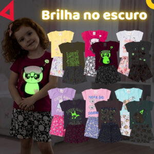Kit 6 ou 10 peças Pijama Brilha no Escuro Infantil Menina Verão Roupa