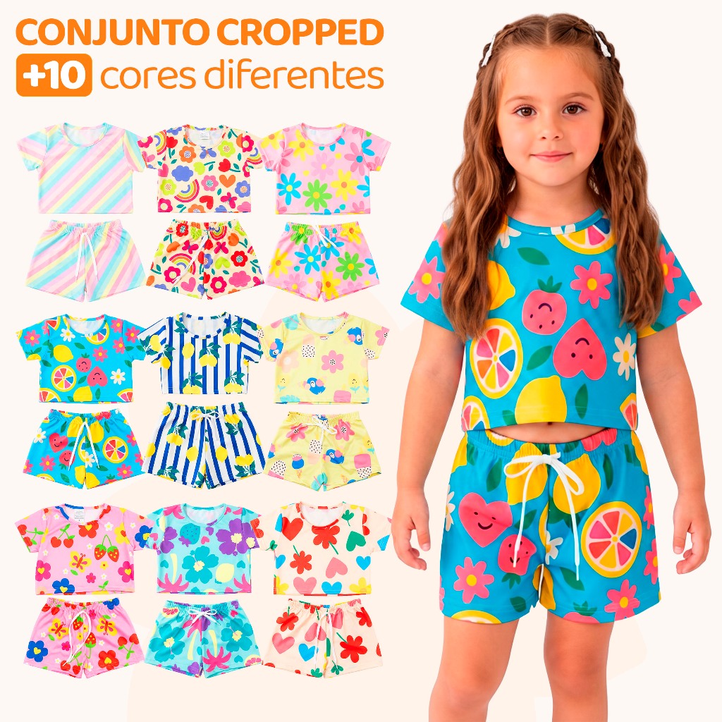 Kit 6 Peças de Conjunto Cropped Infantil Menina Moda Praia Verão