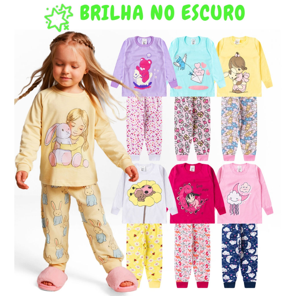 Kit 6 Peças Pijama Brilha no Escuro Sortido Infantil Menina Inverno