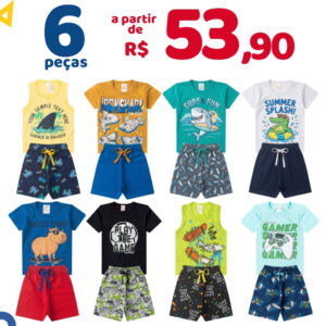 Kit 6 Peças Roupa Infantil Menino Verão Algodão Conjunto Sortido