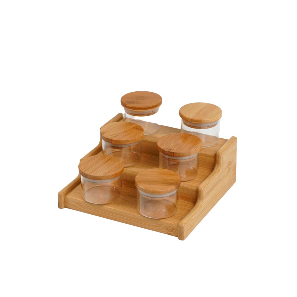 Kit 6 Potes Hermético 110ml com Tampa de Bambu E Rack Organizador de