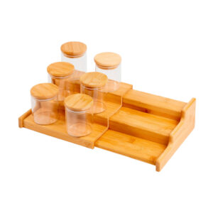 Kit 6 Potes Hermético 200ml com Tampa de Bambu E Rack Organizador de