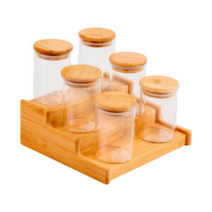 Kit 6 Potes Hermético 250ml com Tampa de Bambu E Rack Organizador de