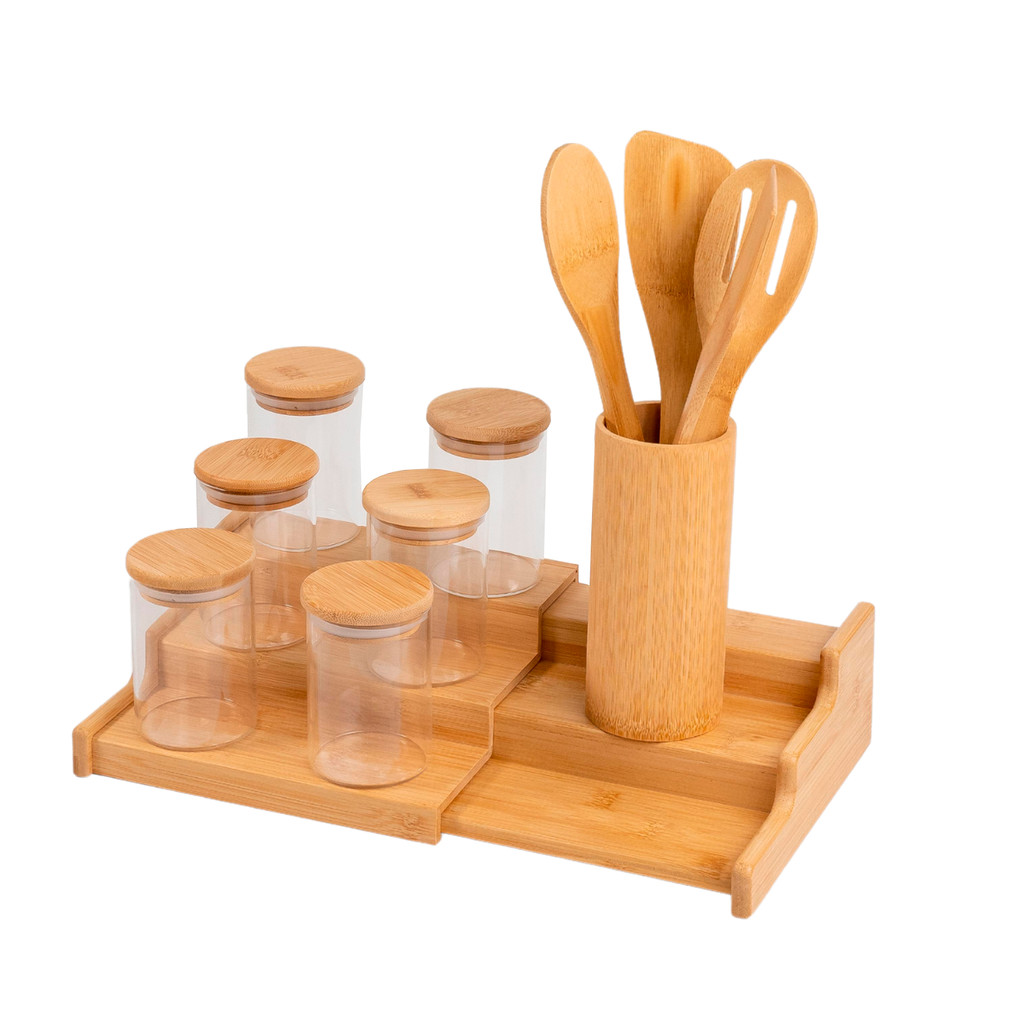 Kit 6 Potes Hermético 250ml com Tampa de Bambu, Rack Organizador de