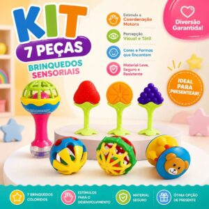 Kit 7 Brinquedos Infantis Sensoriais Bolinhas Guizo Maraca Frutinhas